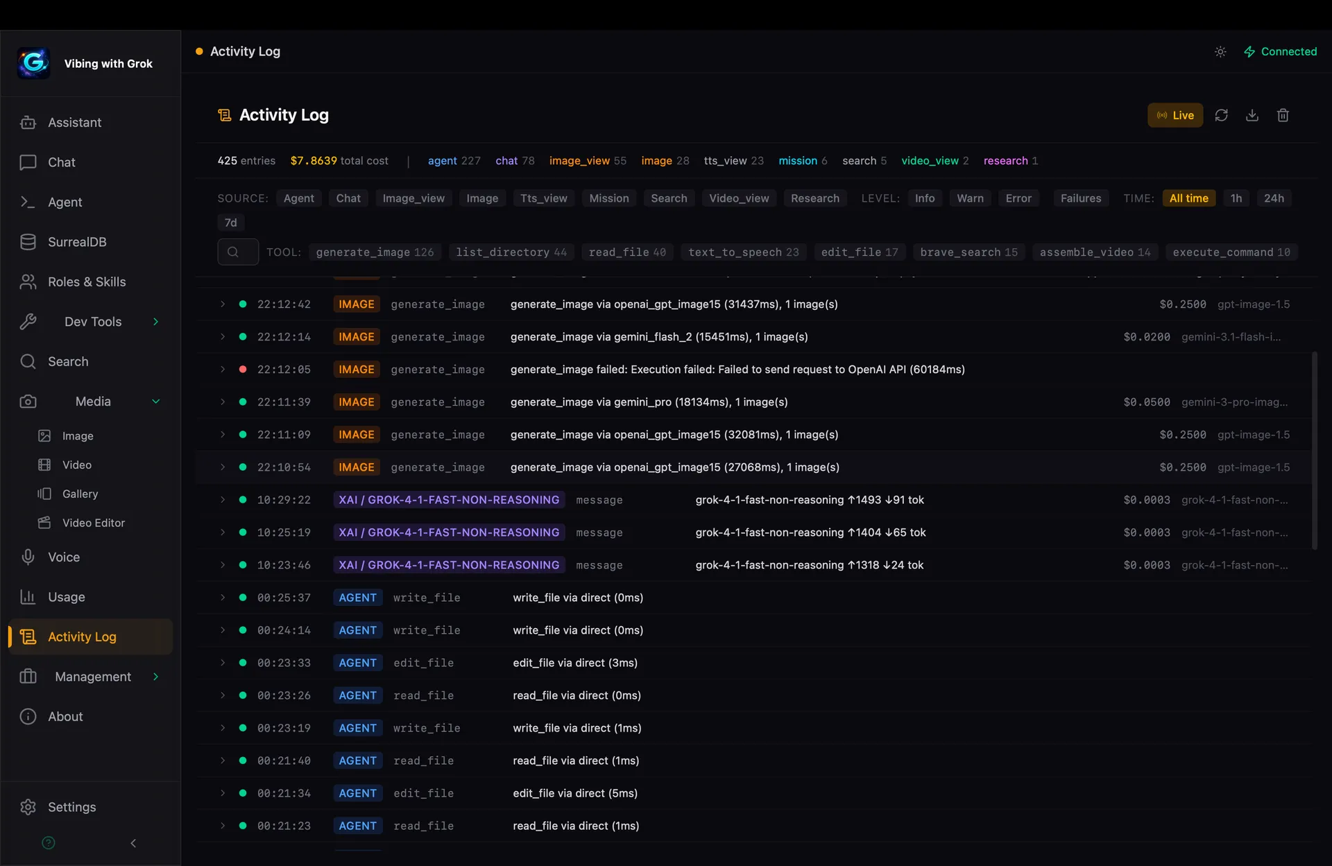 Activity Log — full request history with cost tracking