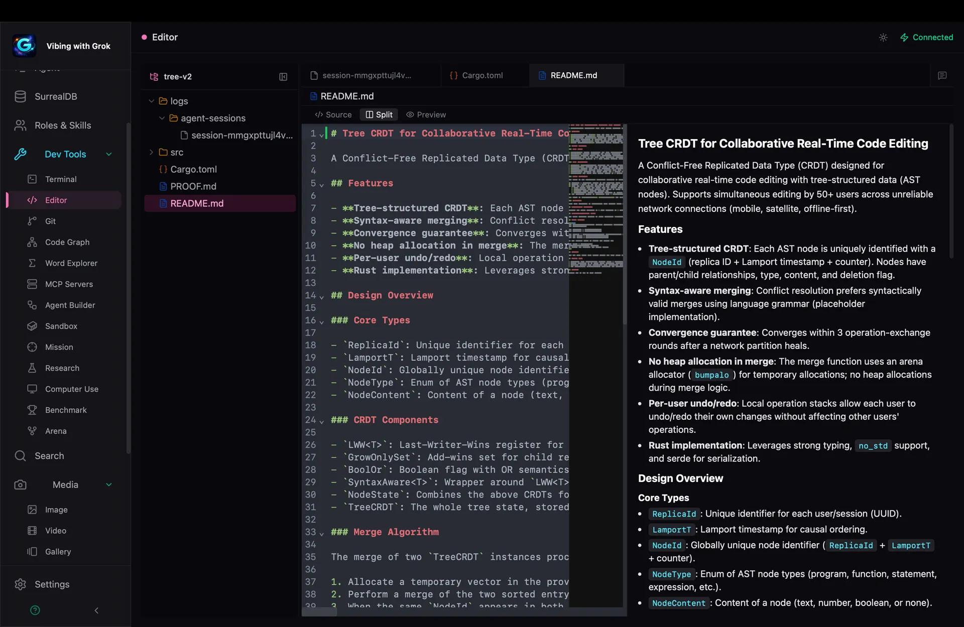 Code Editor — built-in IDE with terminal, file tree, and syntax highlighting